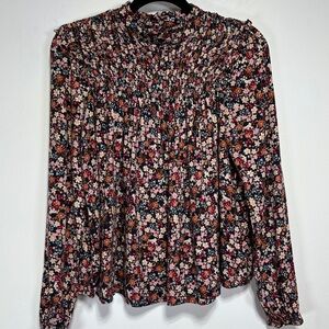 One Clothing Black Floral Smocked Long Sleeve Blouse M